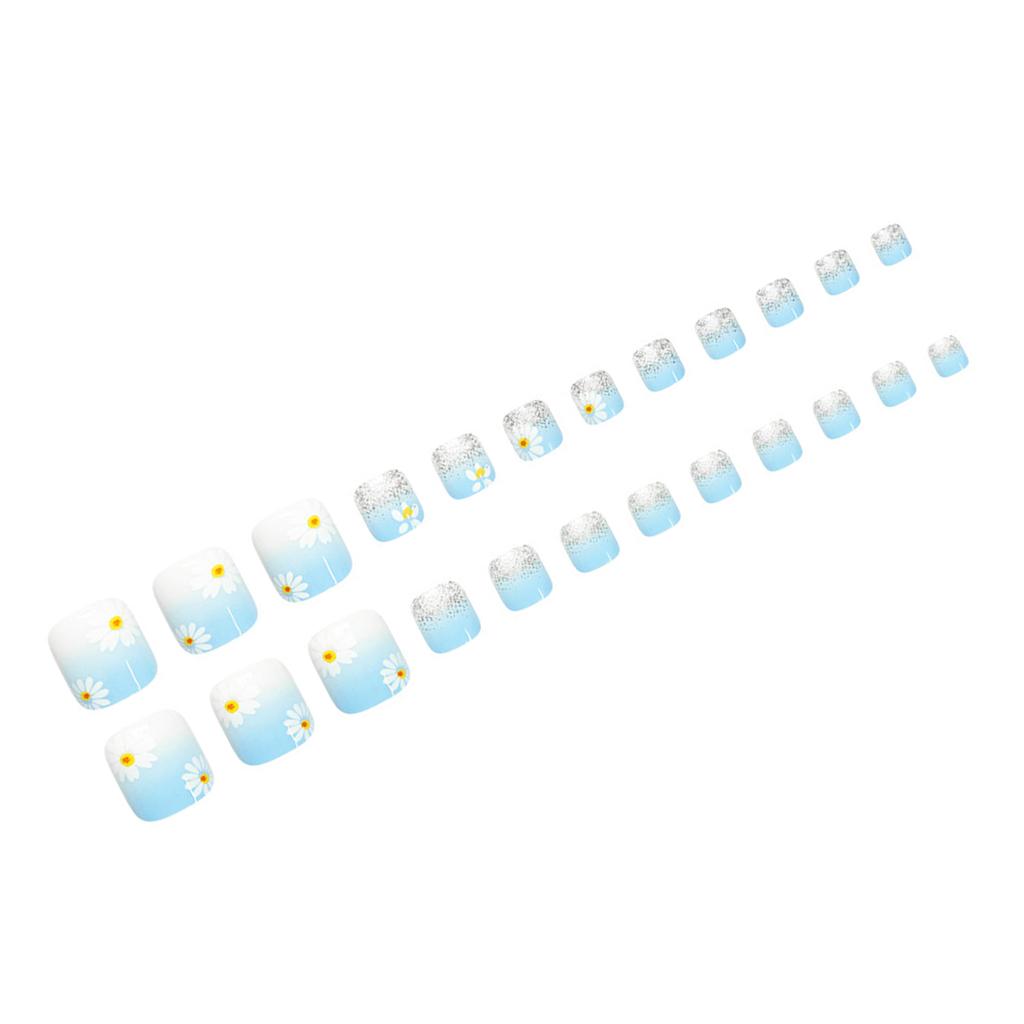 Blue White Daisy Glitter Toe Nails 24 Pieces Resin Material Short Round Design For Daily Wear
