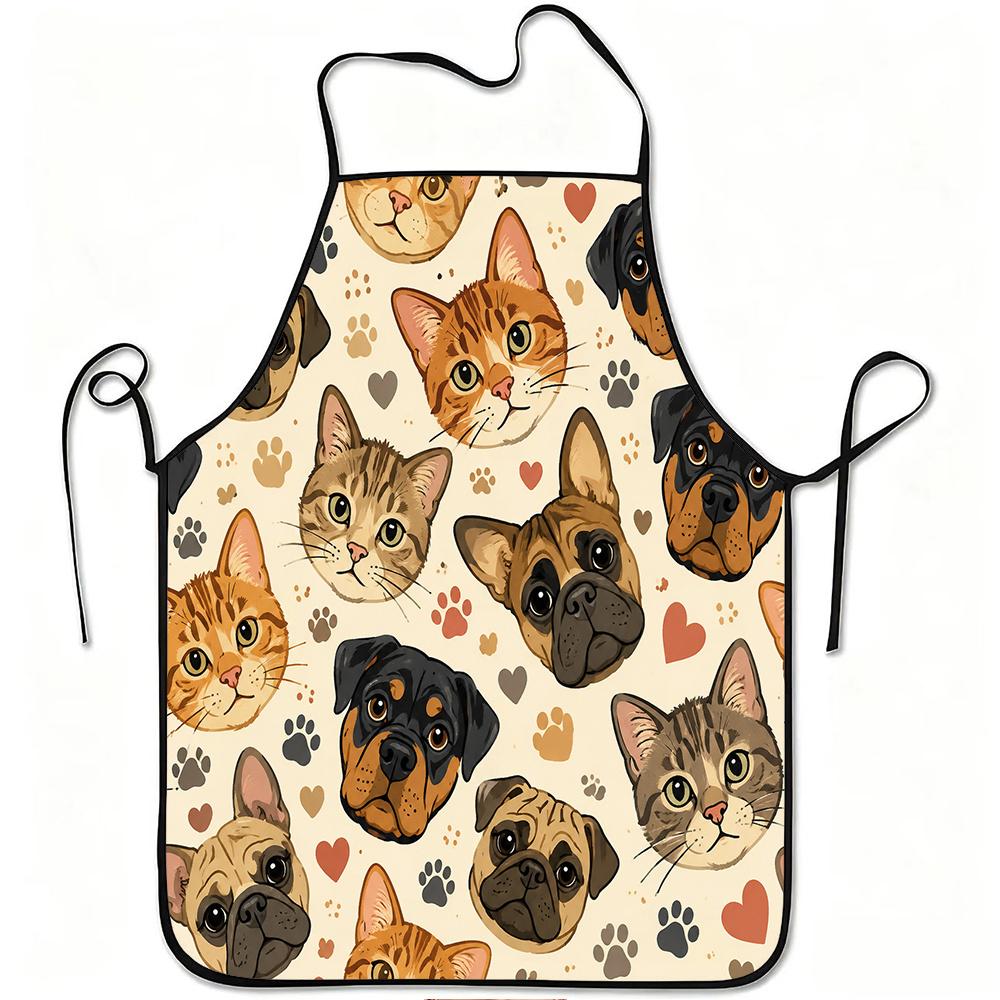 1pc Cute Dog Cat Paw Heart Pattern Print Apron, Durable And Easy to Clean, Adjustable Waistband, Polyester Material, for Kitchen Cooking, Gardening, O