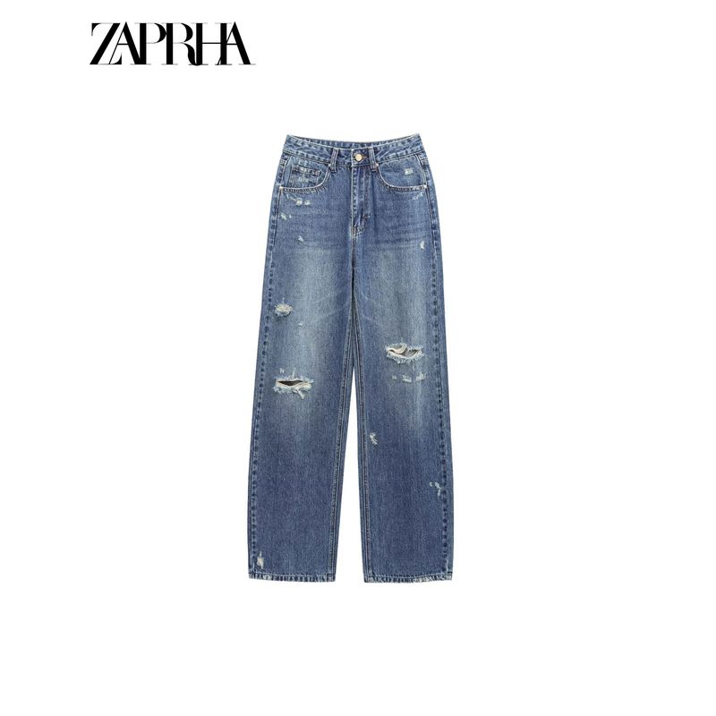 Zaprha 2025 New Arrival Fashion Holes Wide Leg High Waist Arc Profile Denim Female Loose Feeling 8197011