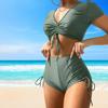 Solid Color Swimsuit Stylish Women's Summer Bikini Set with V-neck Top High Waist Drawstring Swimsuit 2 Piece Set for Beach