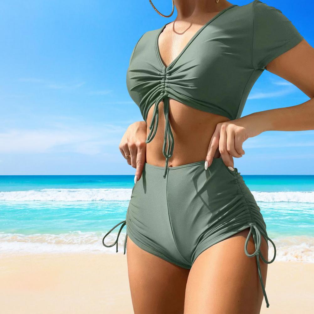 Solid Color Swimsuit Stylish Women's Summer Bikini Set with V-neck Top High Waist Drawstring Swimsuit 2 Piece Set for Beach