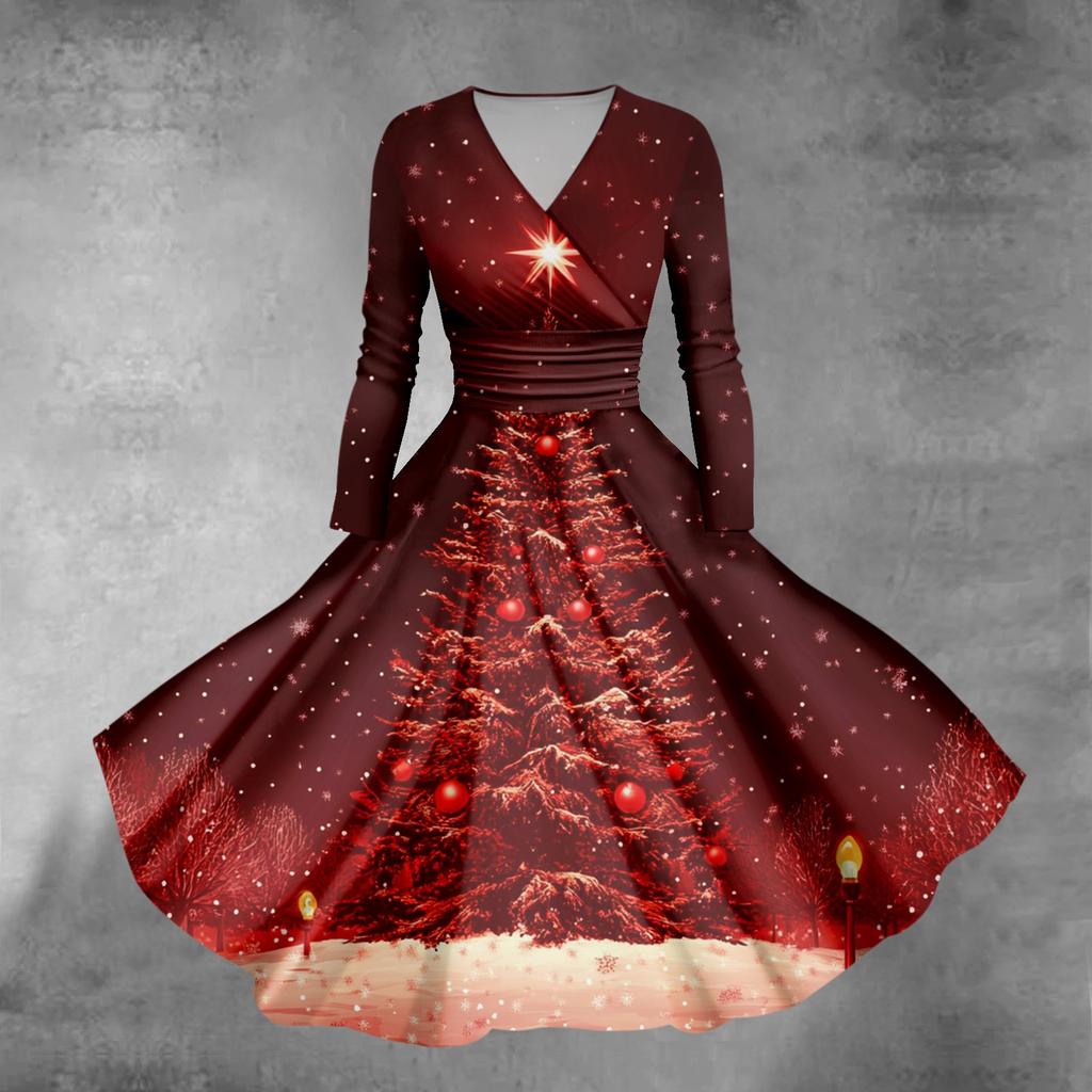 Women's Christmas Tree Snowflake Print V-Neck Slim Fit Long Sleeve Swing Dress