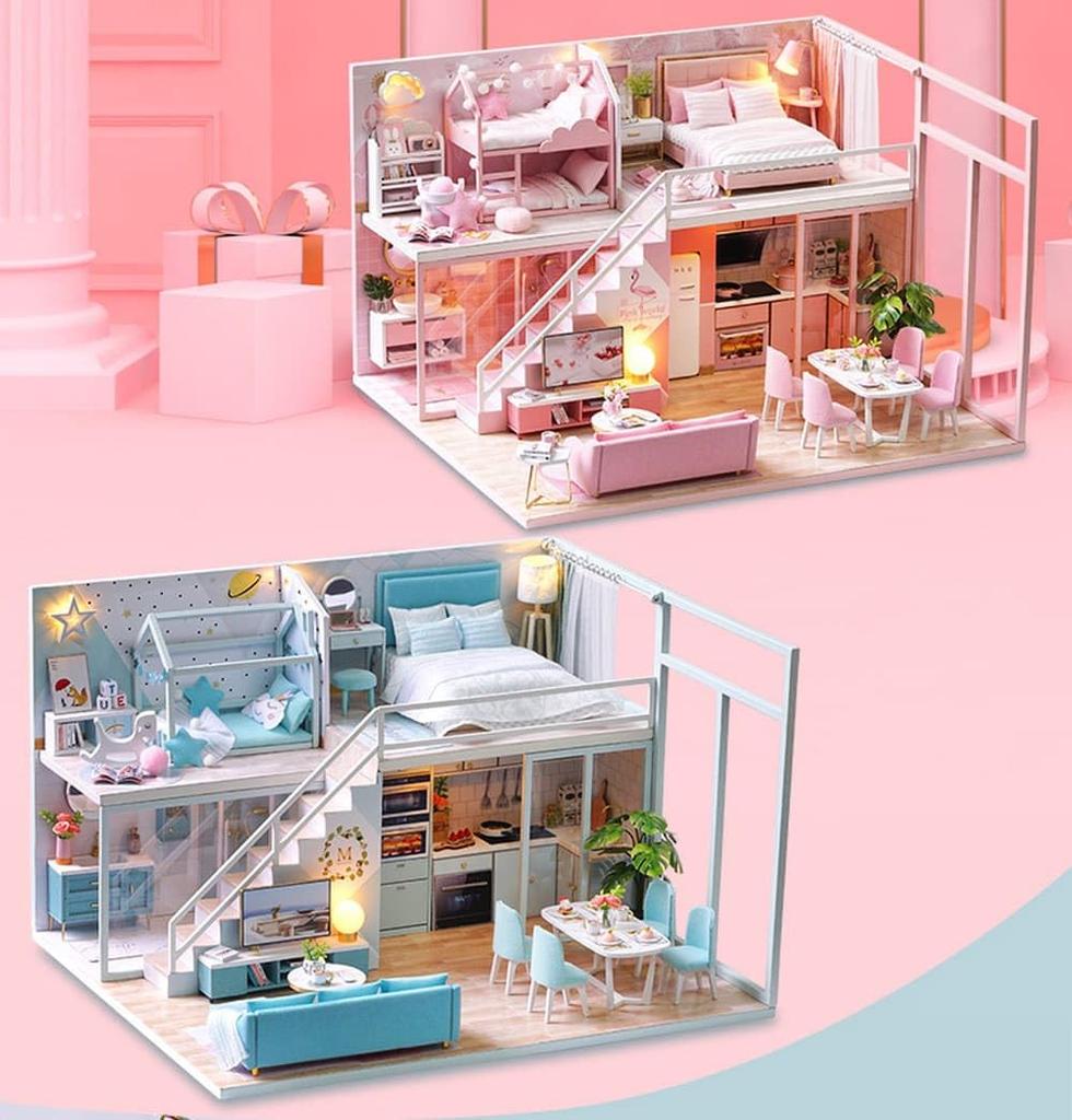 moin moin Dollhouse Miniature Handmade Kit Dream Modern Style Fancy Scale Medium LED Light Acrylic Case Included Chinese 2301dh363 Set, Two-Story