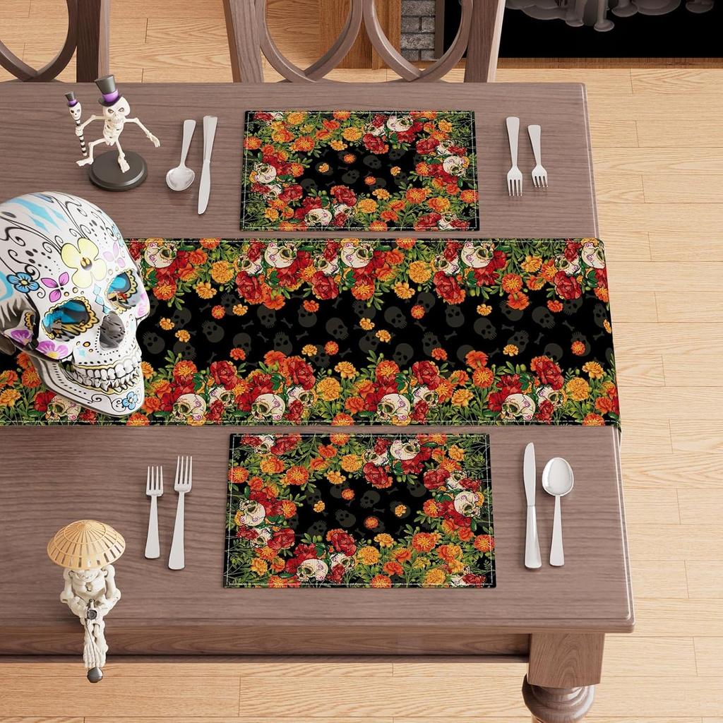 Сахарный Череп Бархатцы Цветочный Dia De Los Muertos День Мертвых Мексиканские Подставки под Тарелки Набор из 4 Штук Настольные Коврики для Кухни Обеденного Стола Украшения 12x18 Дюймов