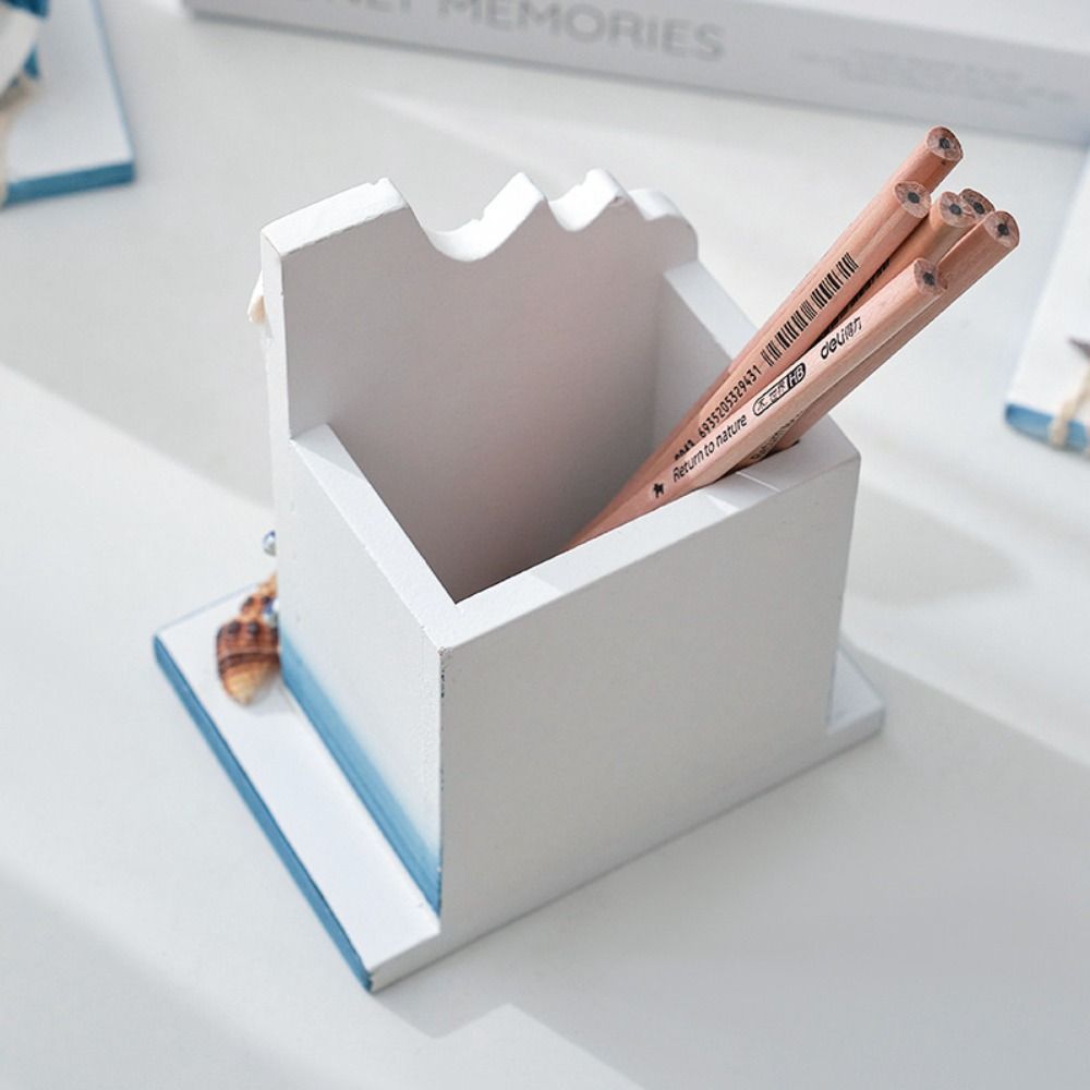 Large Capacity Wooden Pen Holder Ocean Style Pen Container  Office Desktop Decoration