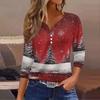 Women's Fashion Casual Christmas Tree Print V-Neck Decorative Button Three-Quarter Sleeve T-Shirt Top