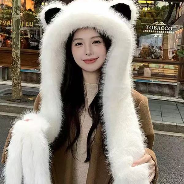 Зимняя теплая шапка-шарф с двойным плюшем, утолщенная, с имитацией лисьих ушек, интегрированная защита ушей от холода, шапка для снега