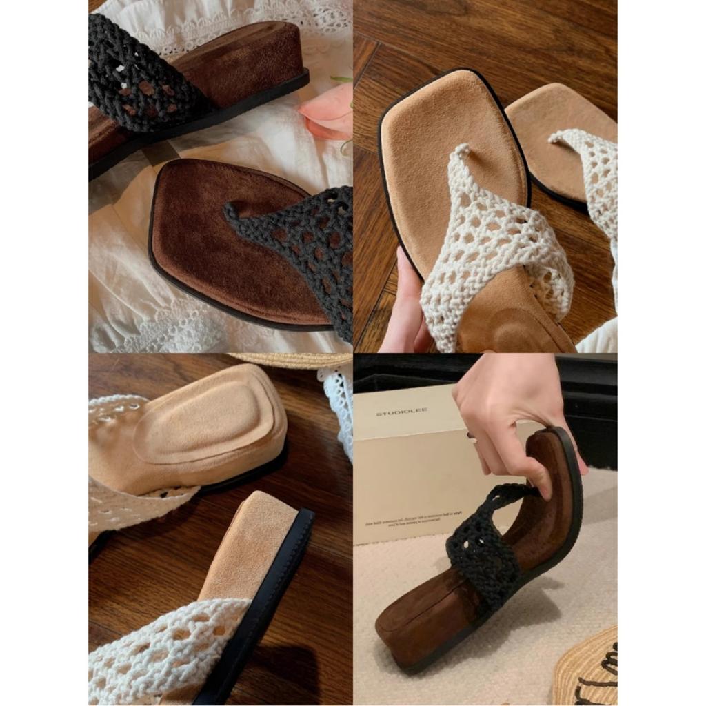 Богемные шлепанцы из овчины женская обувь с ажурным вязаным носком на толстой подошве женские летние сандалии