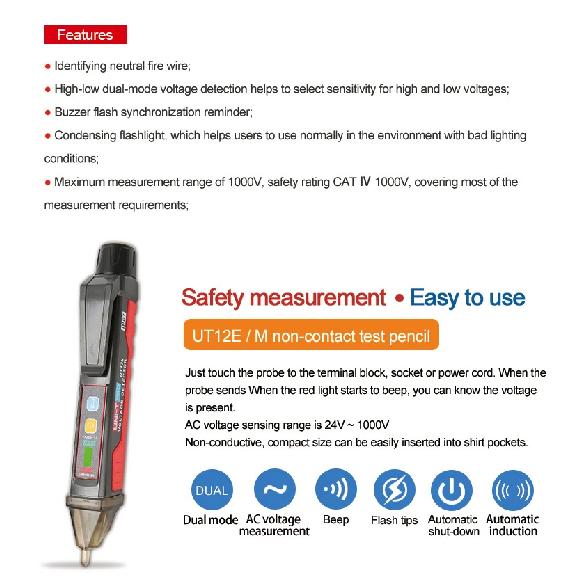 UNI-T AC Voltage Detector Meter UT12E UT12M 24V-1000V Non-Contact Tester Pen Socket Volt Electric Test Pencil