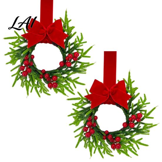 Reusable Plastic Wreath Christmas Mini Cabinet Wreath Artificial Cedar Cypress with Ribbon Bow Red Holiday Gift for Home Berries Small Farmhouse