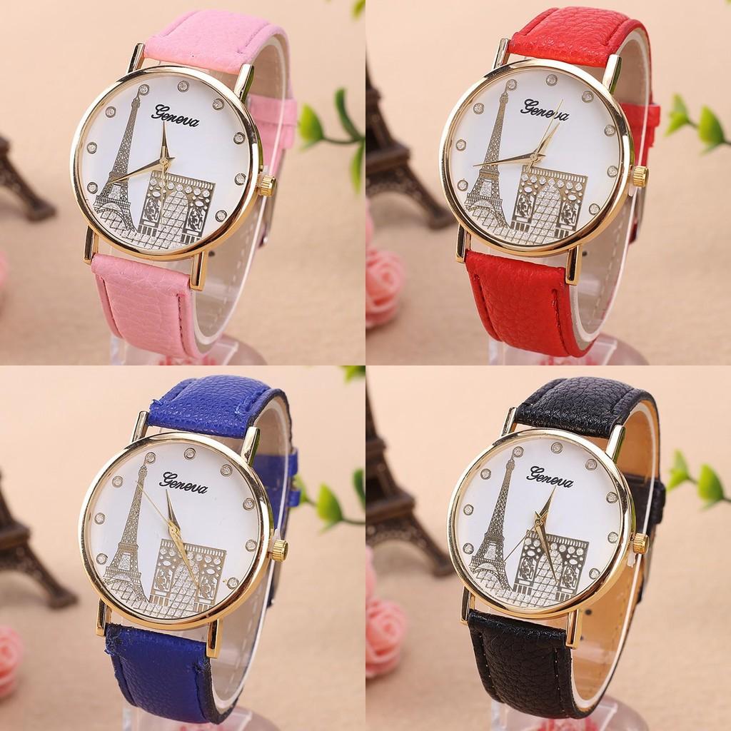 Elegant European Style Geneva Eiffel Tower Water Crystal Quartz Watch With Pu Strap