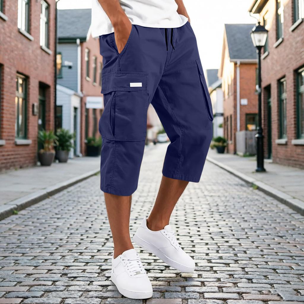 Men’s Drawstring Cargo Pants Multi Pocket Relaxed Fit Seven Quarter Length Casual Trousers for Daily Wear Outdoor Activities