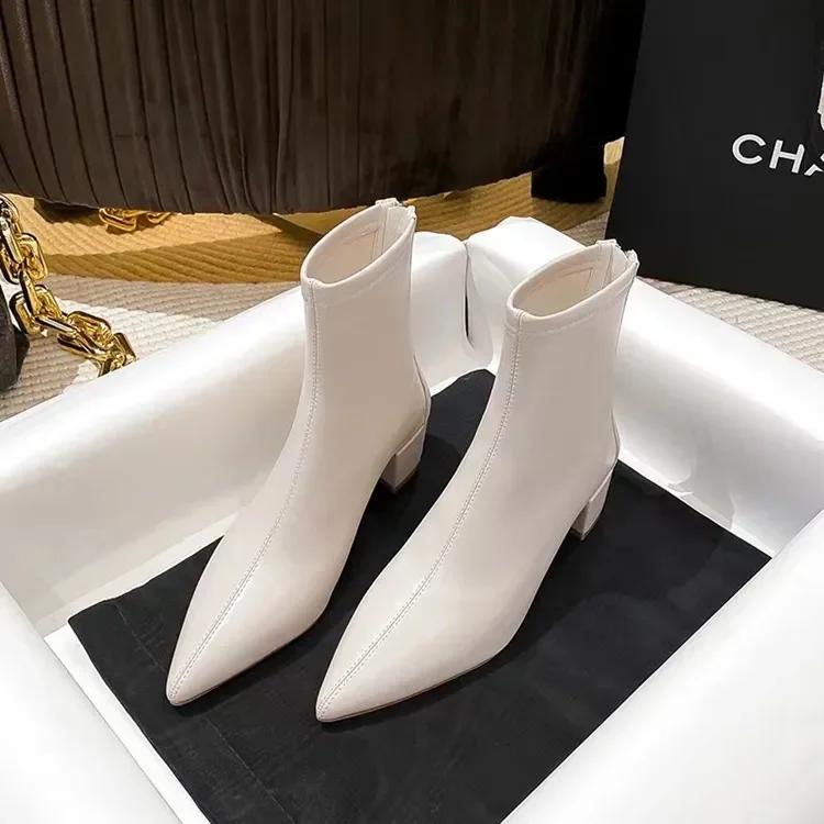 Женские ботильоны с острым носком, модные короткие с молнией сзади, элегантные на квадратном каблуке, зимняя женская обувь 2025 года