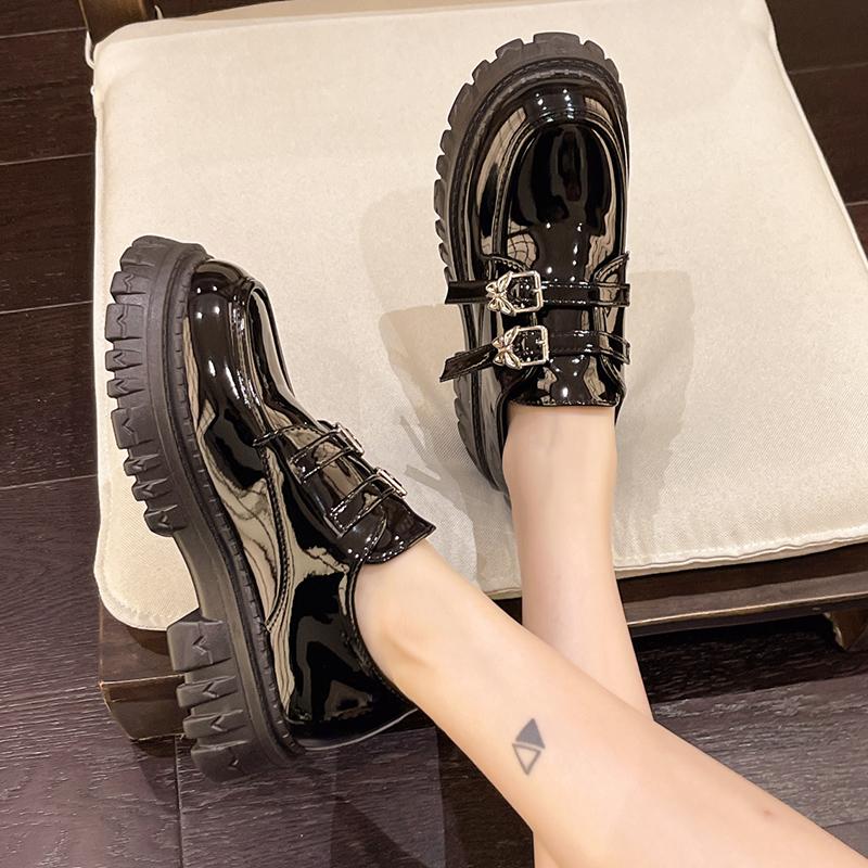 Модные туфли-оксфорды на толстой платформе для женщин Готические нескользящие лоферы из лакированной кожи с двойной пряжкой Туфли Мэри Джейн