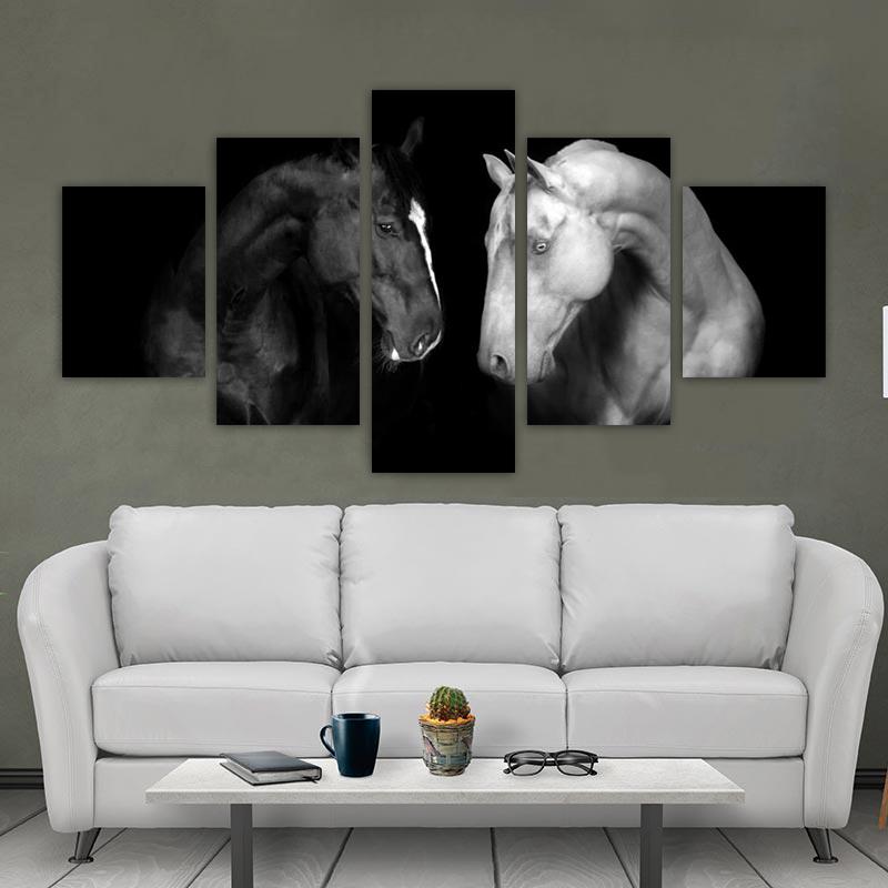 5 панелей, черно-белые постеры и принты с лошадьми, холст с изображением животных, современный домашний декор, настенное искусство для гостиной, БЕЗ РАМКИ