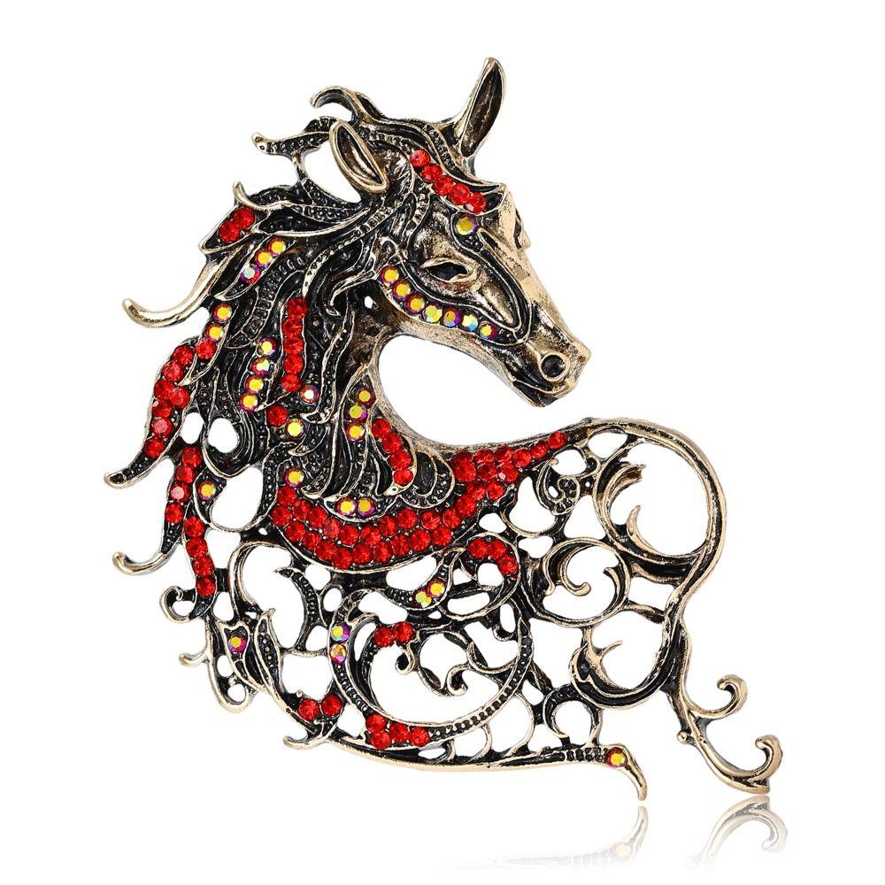 Vintage Rhinestone Horse Head Brooches Casual Metal Badge Pin Zodiac Animal Pins for Women