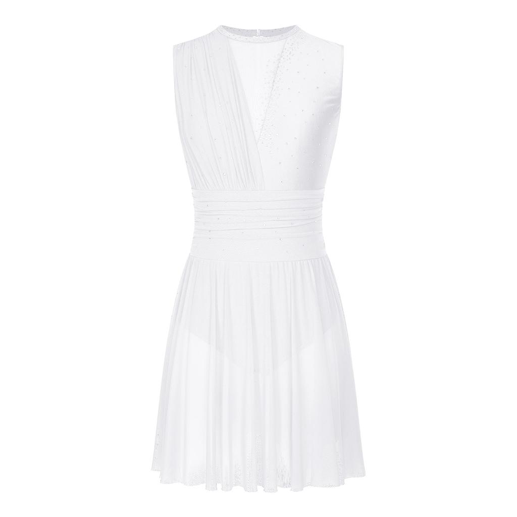 Womens Figure Skating Dress Modern Lyrical Ballet Dance Leotard Tutu Sleeveless Shiny Rhinestone Gymnastic Performance Dancewear