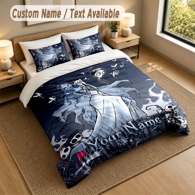 3Pcs Bedding Set Custom Name Text, 1 Sheet 2 Pillowcases Home Bed DecorCorpse Bride Emily Victor