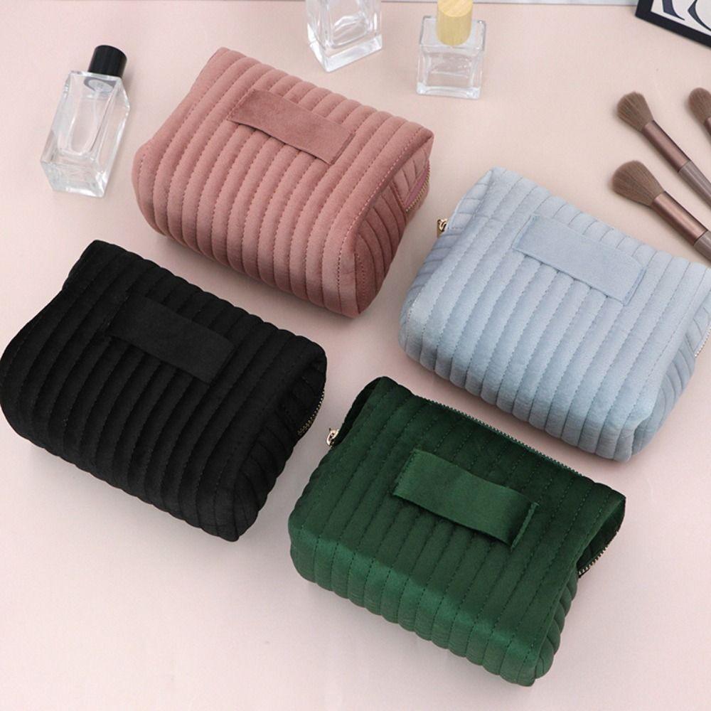 Zipper Travel Toiletry Bag Solid Color Cosmetic Pouch Portable Velvet Makeup Bag Office
