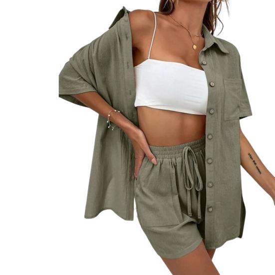 2 шт./компл. женская рубашка и шорты, комплект однотонной блузки с короткими рукавами и нагрудным карманом с лацканами