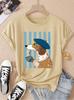 Women's Elegant Short Sleeve Literary Beret Hat Coffee Dog Striped Background Print Round Neck T Shirt 90s Graphic Tees Tops