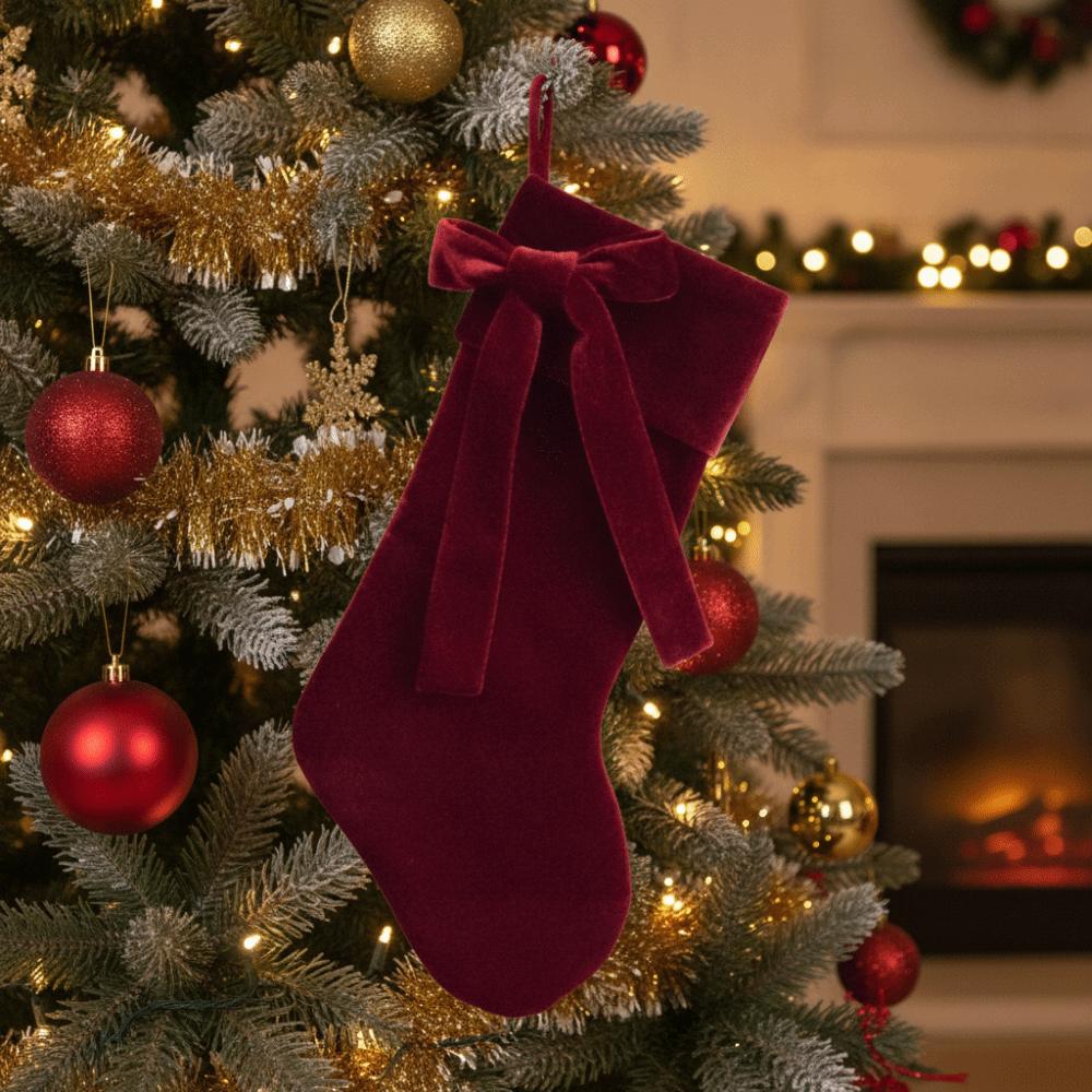 with Bow Velvet Christmas Stocking Thickened Fireplace Hanging Sock Simple Christmas Gift Bag Wall