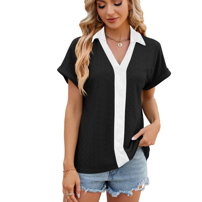 2026 Spring/Summer New V-neck Contrast Color Short Sleeve Loose T-shirt Women's Casual Top