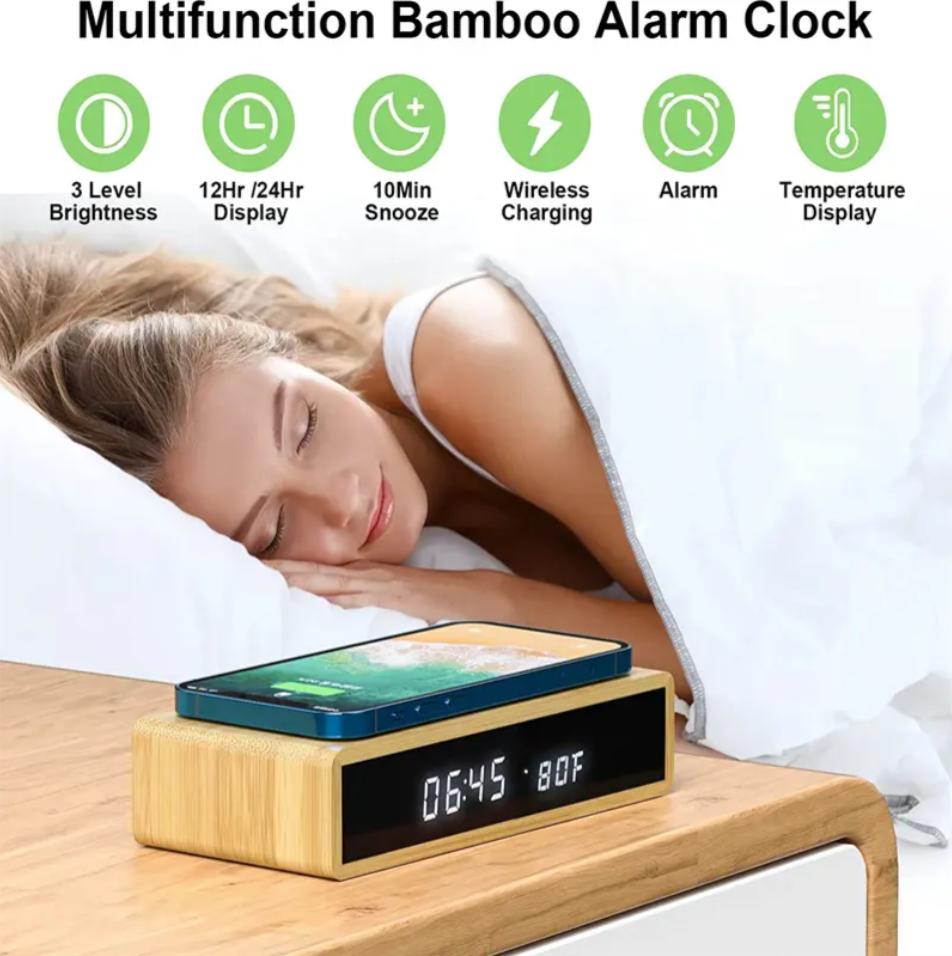 2026 Hot Product Bamboo Digital Wireless Charging with Alarm Clock Bamboo Digital Alarm Clock Wireless Charging