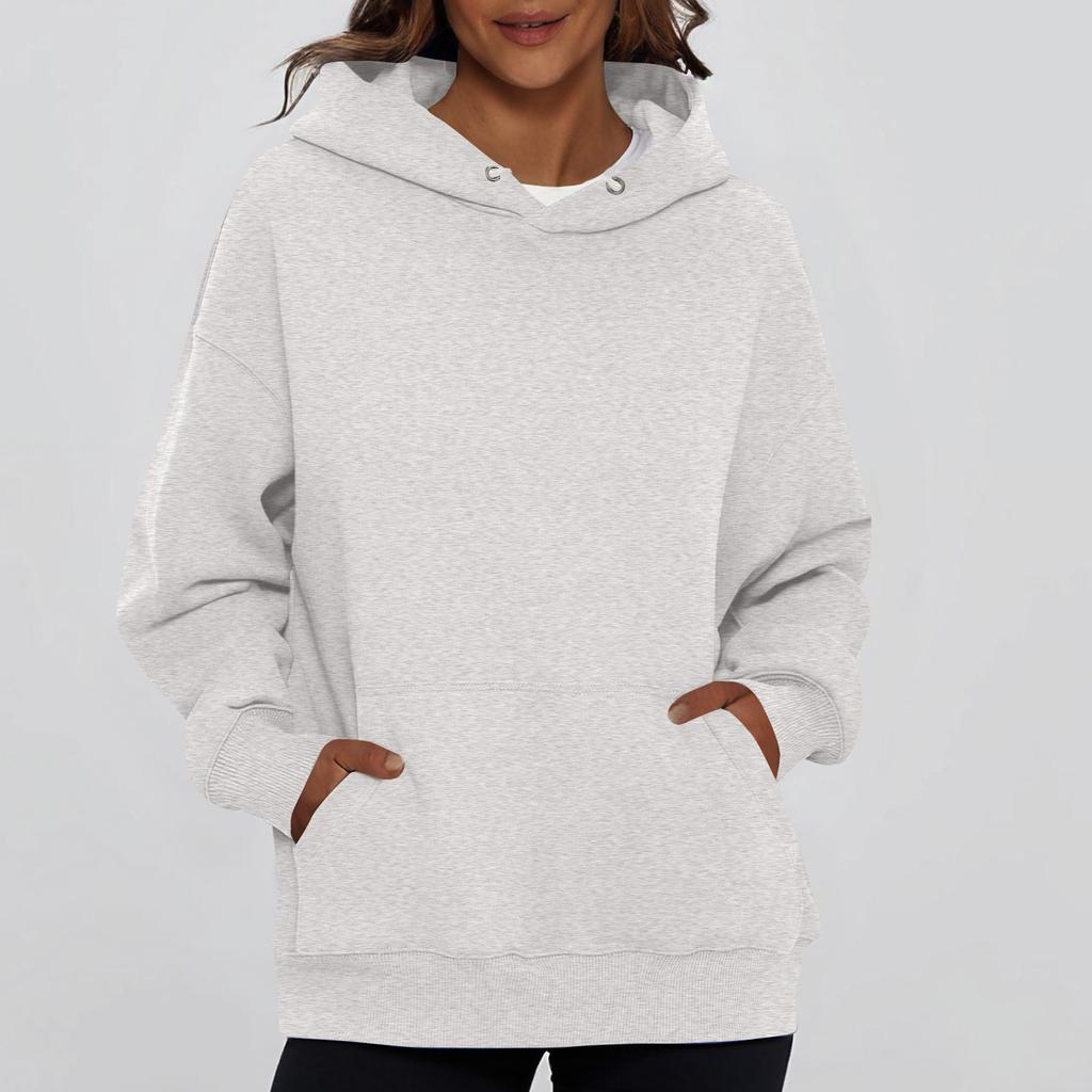 Ladies' Fashionable Solid Color Casual Hooded Pocket Long Sleeved Sweatshirt