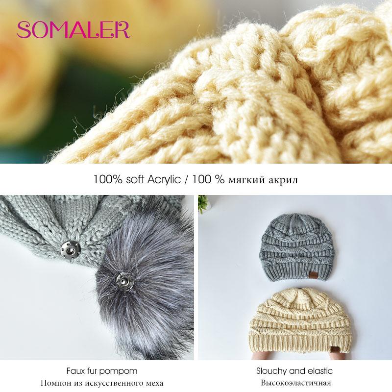 SOMALER Зимние шапки с напуском для женщин, вязаная шапка для женщин, мешковатая шапка с помпоном из искусственного лисьего меха