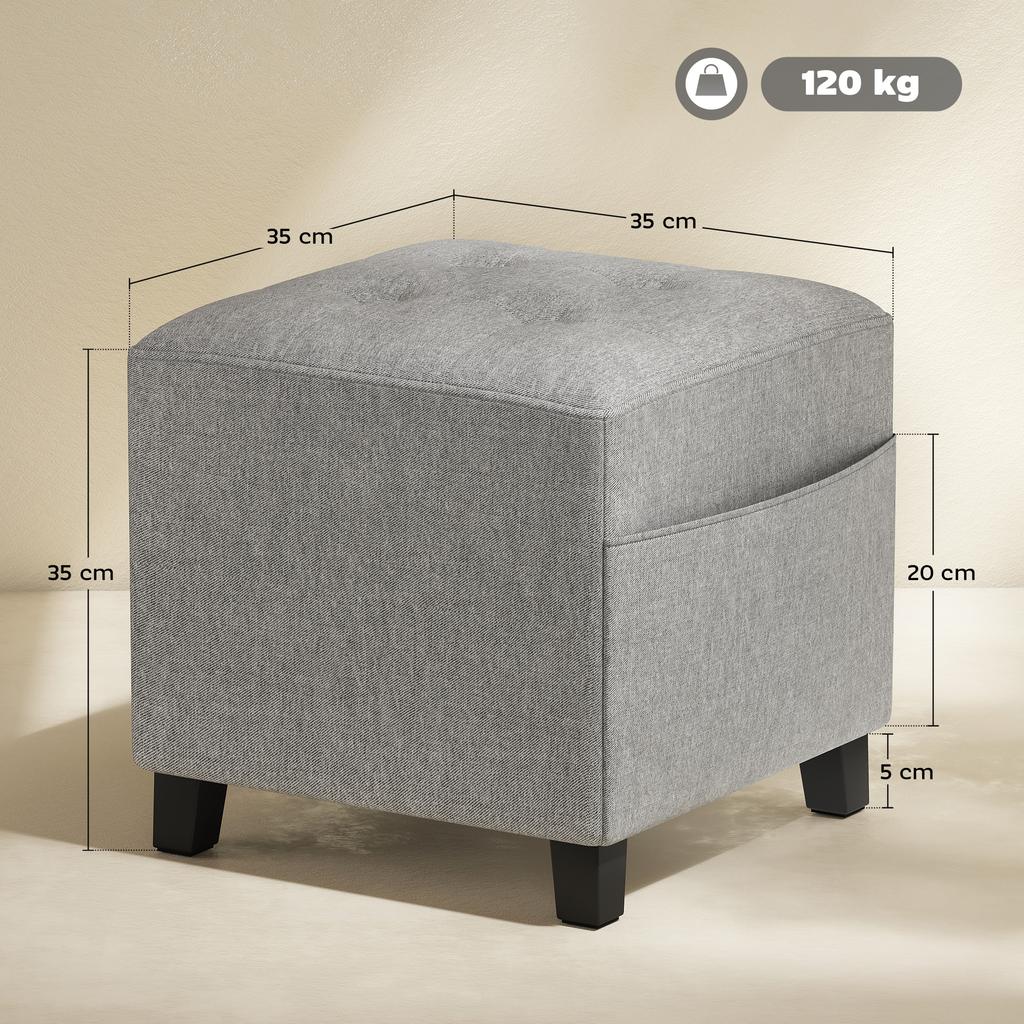 Square Stool, Small Ottoman with Side Pocket, Footrest in Linen-Look Fabric with Rubber Wood Legs, Light Grey