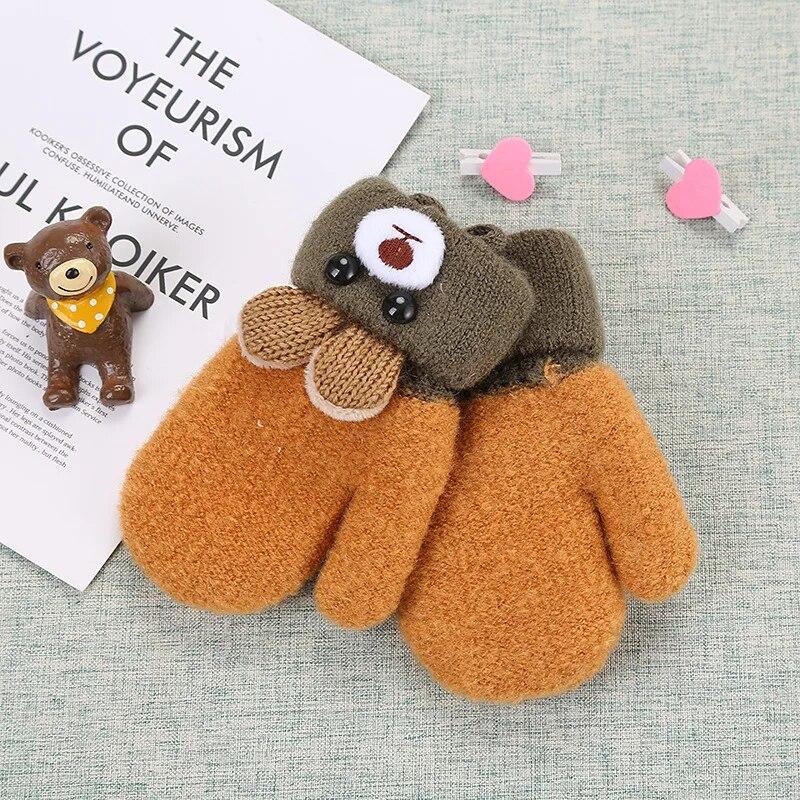 Перчатки с милым мультяшным медведем для мальчиков и девочек, зимние вязаные шерстяные варежки, толстые теплые веревочные перчатки для детей 0-3 лет