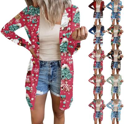 Женская модная повседневная куртка с длинными рукавами и принтом средней длины, кардиган на пуговицах, пальто