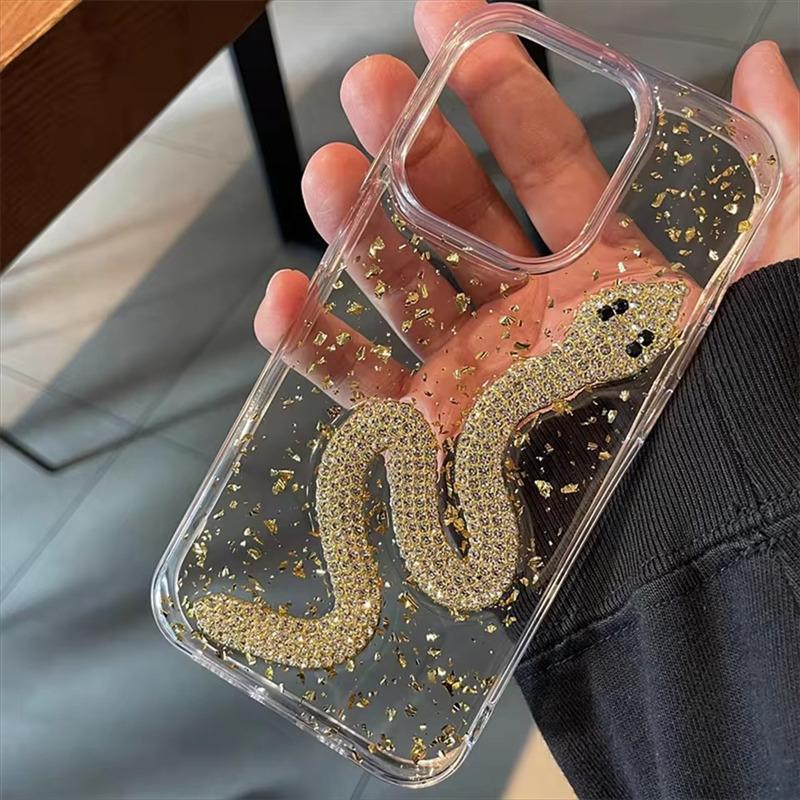 Капельный клей Прозрачный 3D-чехол с блестками из золотой фольги в виде змеи для iPhone 16, 15, 14 Plus, 13, 12, 11 Pro Max, блестящий чехол со стразами