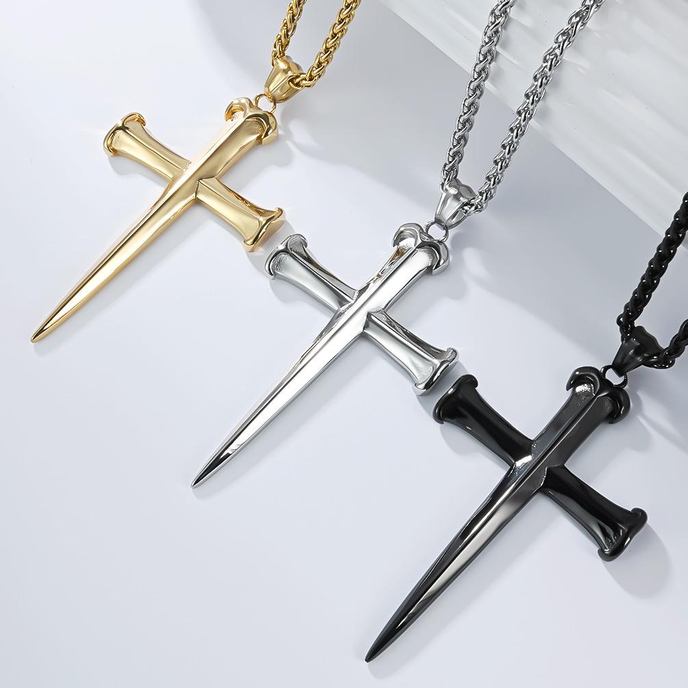Vintage Punk Stainless Steel Cross Pendent Necklace for Men Gold Plated Jewelry