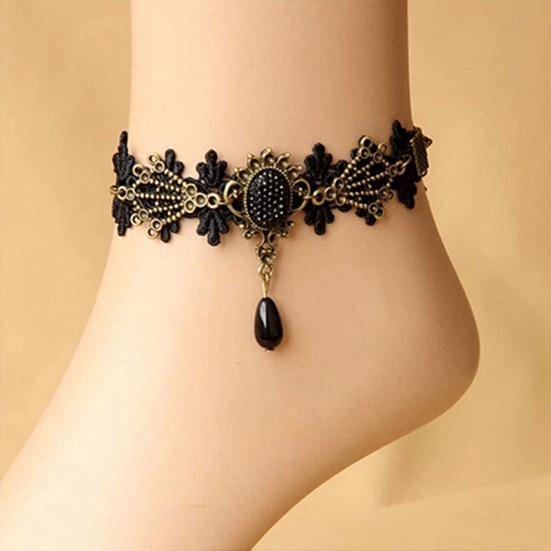 Women Vintage Black Floral Lace Anklet Chain Ankle Sandal Bracelet Foot Barefoot