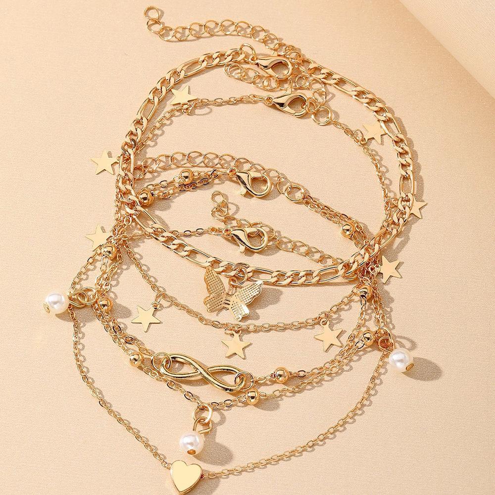 European and American hot-selling butterfly pearl love anklet 1-piece set multi-layer pendant anklet anklet jewelry
