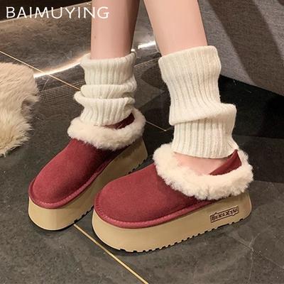 Меховая платформа Женские хлопковые тапочки Замшевые балетки Мюли Зимняя мода Ботильоны с ремешком на пятке Женский тренд 2025 Теплые Женские Зимние Ботинки