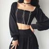 Summer Long Sleeve Tops Tee Short Fashion Retro Style Chain Solid Crop T-shirt Cross Collar Slim Cotton Pullover Tshirts