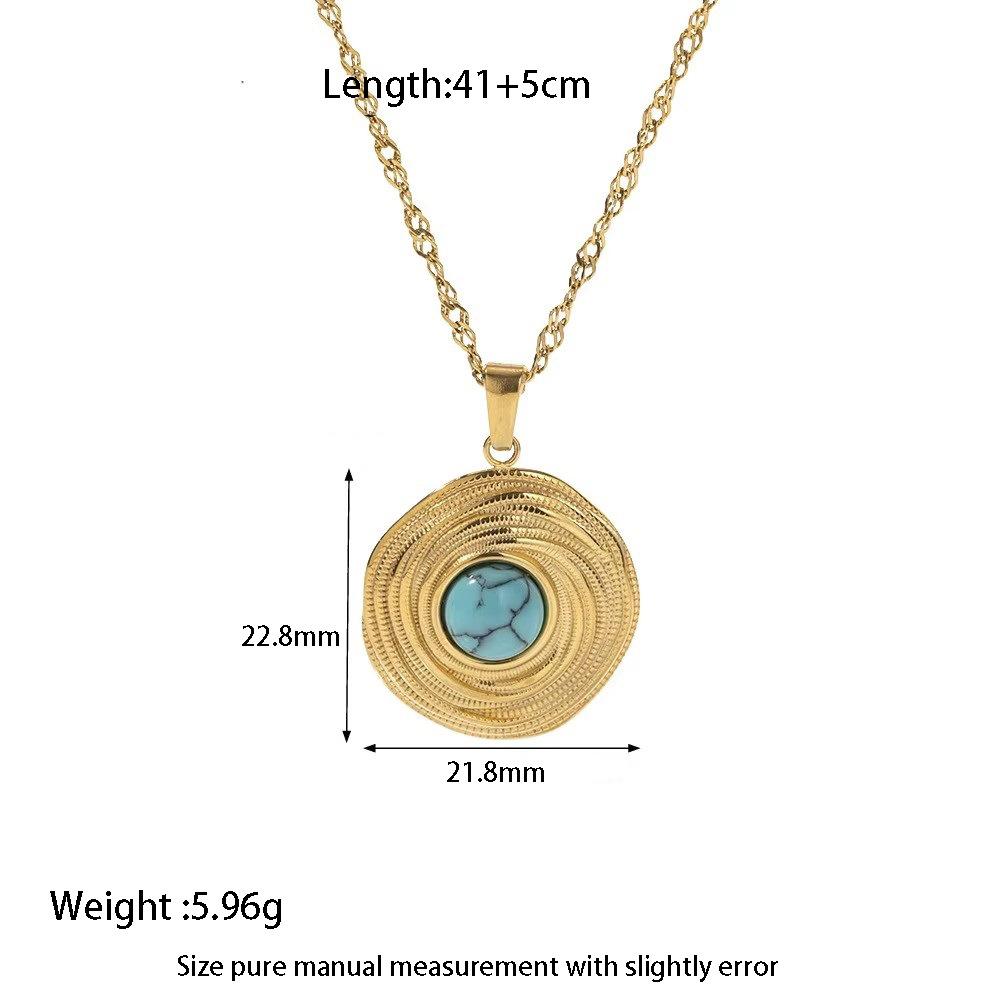 Niche retro inlaid natural stone round stainless steel stud earrings ring necklace plated with 18K gold jewelry women