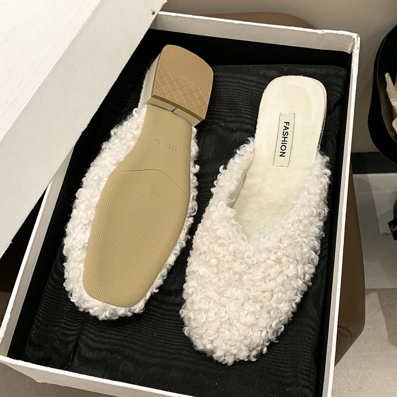 Aphixta 2,5 см Квадратный каблук Теплые Зимние Меховые Шлепанцы из Детской Замши Женские Тапочки Женская Обувь Круглый Носок Низкий Каблук Надеть Меховые Шлепанцы