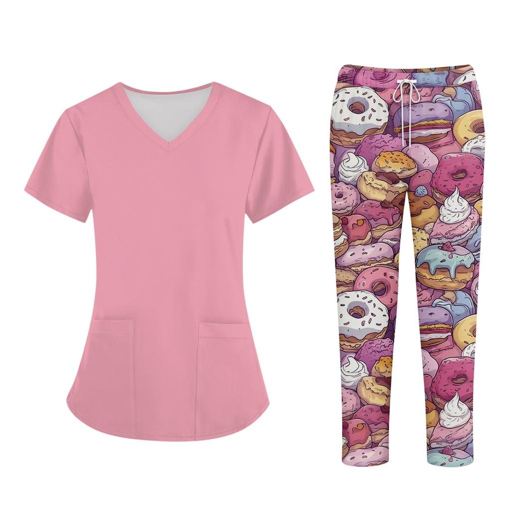 Plus SizePrinted Scrub Working Uniform Tops For Women's Cross V-Neck Halloween Print Short Sleeve Fun T-Shirts Workwear Tee With Pockets