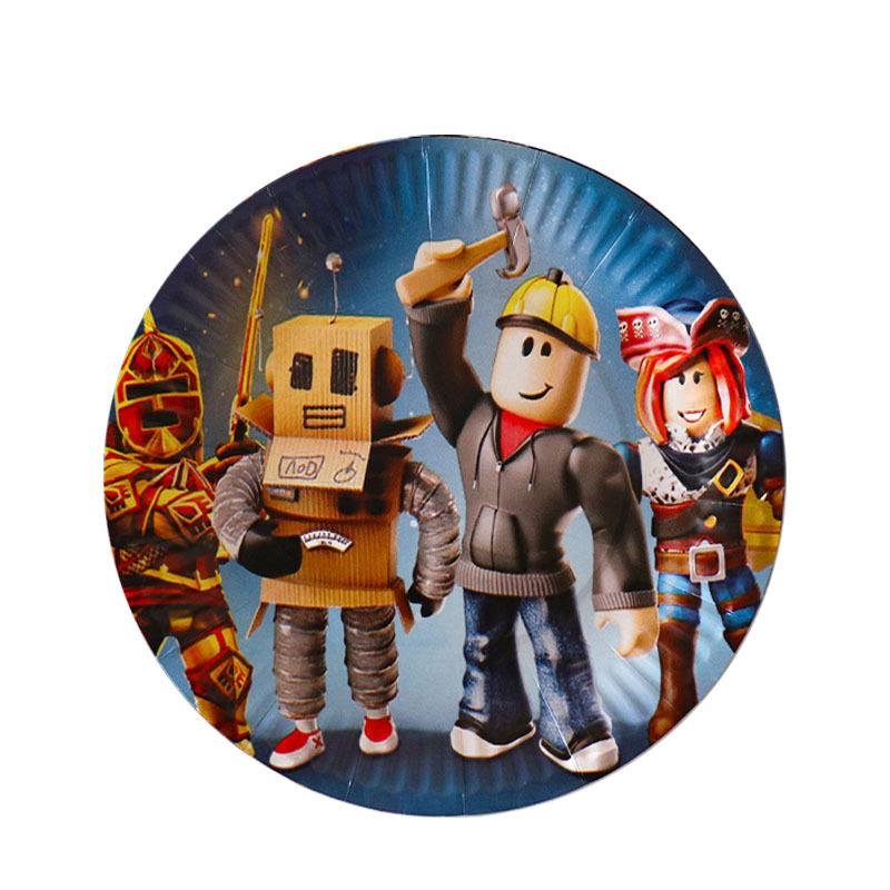 Robot Boy Happy Birthday Party Supplies Set Roblox Themed Paper Tablecloth Plate Cups Cake Balloons Baby Shower Game Decorations