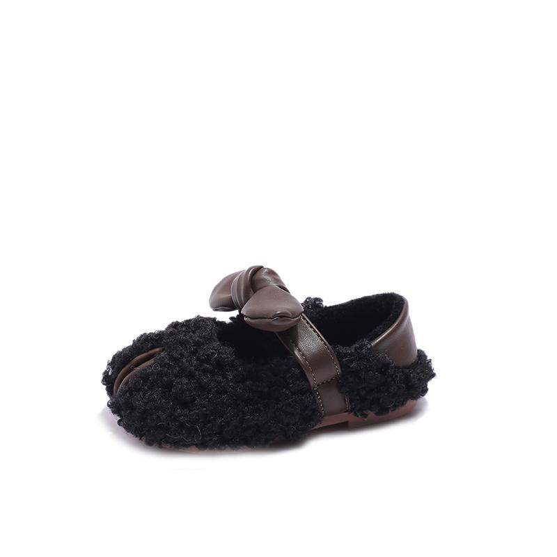 Зимняя детская обувь с мягкой подошвой для девочек, хлопковая обувь, модная детская обувь с бантом, простая плюшевая обувь на плоской подошве, повседневная, теплая, с липучкой