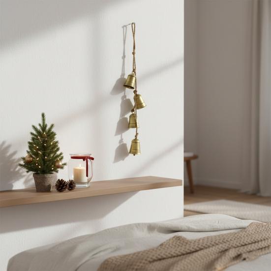 Christmas Brass Bell Hanging Decoration Rustic Vintage Cluster Cow Bell On Rope Living Room Bedroom Wall Hanging Decorative Jingle Bell