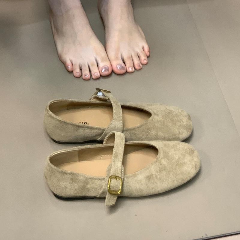 2025 осень новые замшевые туфли-лодочки с мелким вырезом, туфли Мэри Джейн на плоской подошве в универсальном стиле феи, туфли бабушки