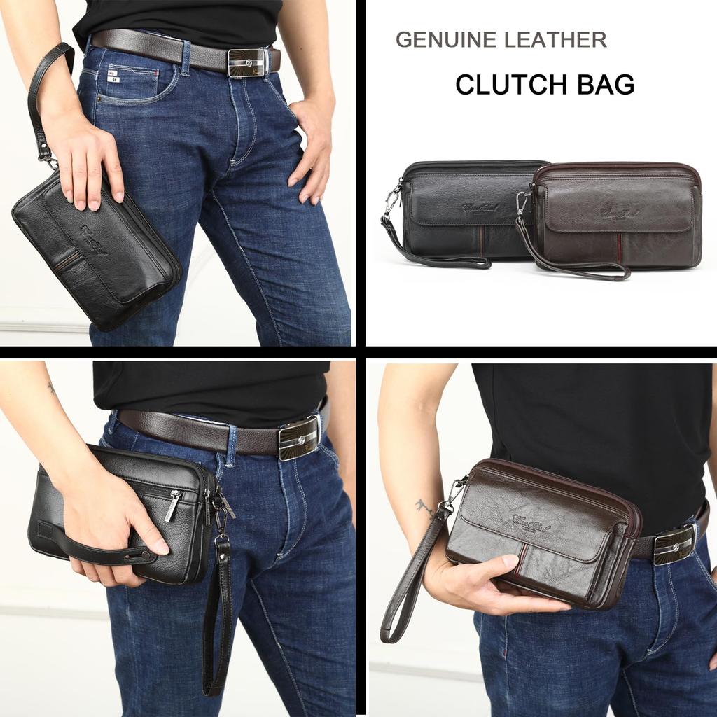 Meigardass Clutch Second Genuine Popular Clutch Large Capacity Men's Bag, Bag, Leather, Bag, Simple, Lightweight, (Black-2)