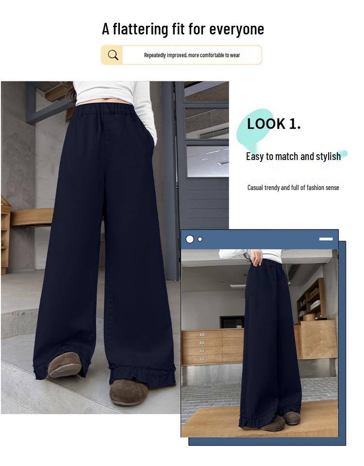 Модные кружевные брюки-палаццо для девочек на весну и осень - Повседневный стиль прямого кроя для девочек среднего и старшего возраста