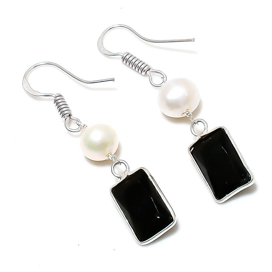 Black Spinel, Pearl Gemstone 925 Sterling Silver Jewelry Earring 1.81" GK-3588
