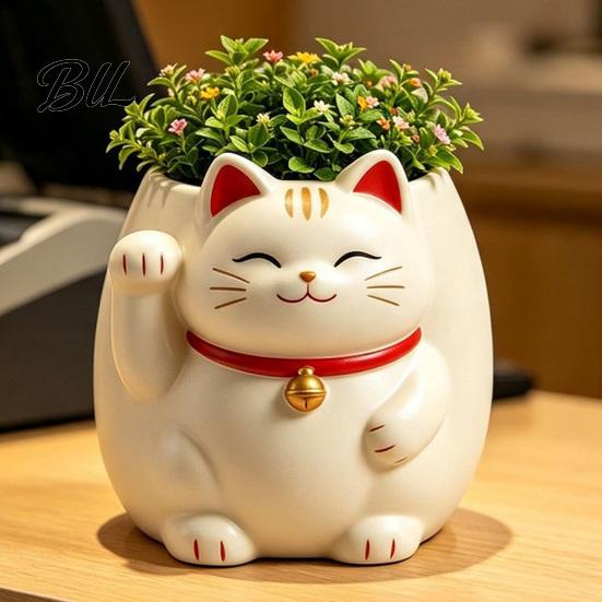 Durable Waterproof Resin Planter Cute Fortune Cat Planter, Beckoning Kitty Flower Pot, Auspicious Cartoon Animal Pot Plant for Succulents, Indoor